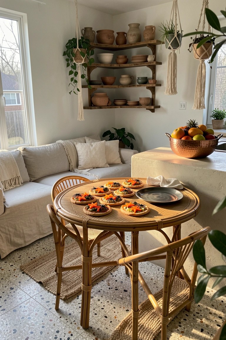 Round wooden table with rattan chairs holding small Halloween-decorated pizzas in a living room with sofa and wooden shelves.