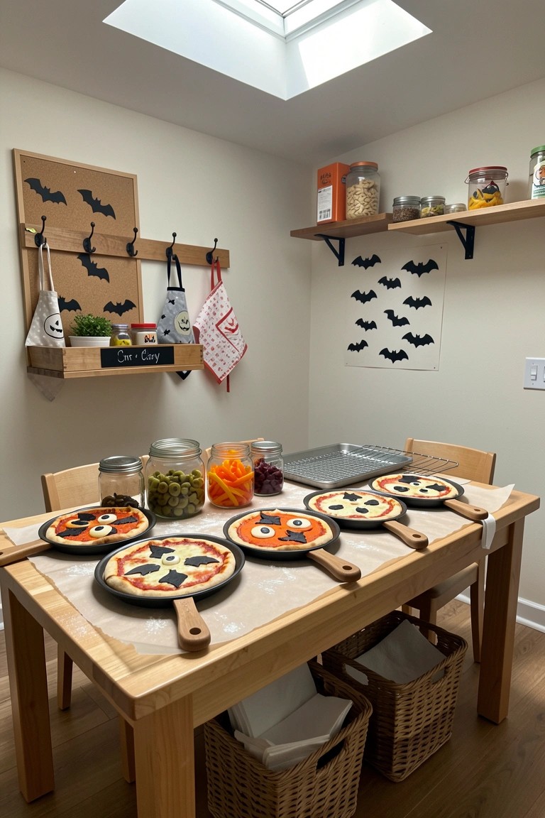 A wooden dining table covered with parchment paper holds several small Halloween-themed pizzas on pans, surrounded by jars of toppings and bat decorations on the walls.