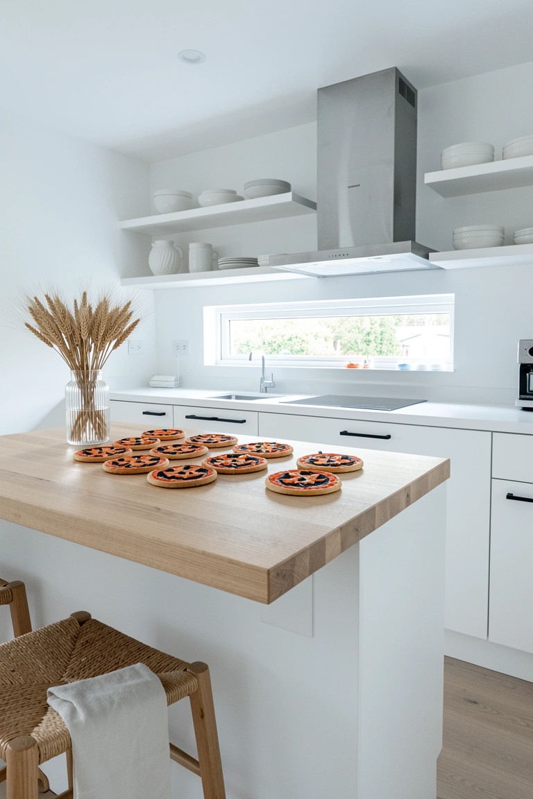 A bright modern kitchen with a light wood island holding several small round pizzas, white cabinets, open shelves, and a stainless steel range hood.