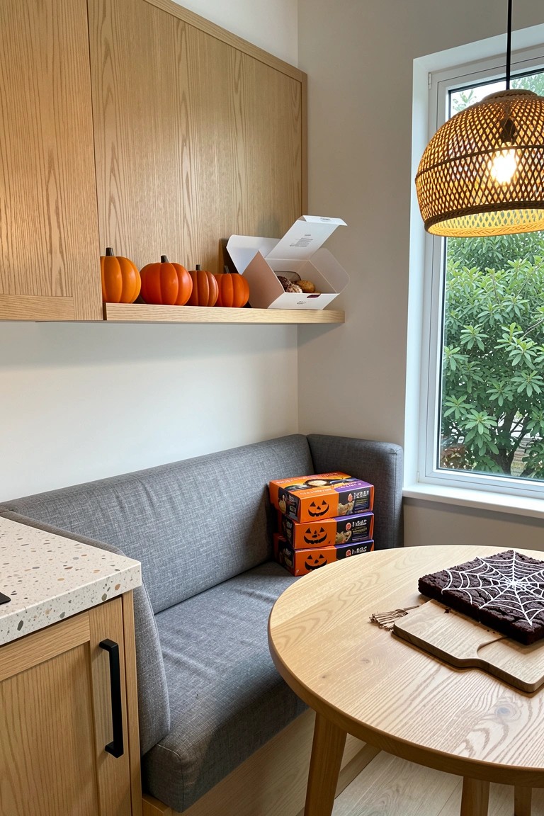 Cozy kitchen nook with gray bench, pumpkins on shelf, and spiderweb brownie