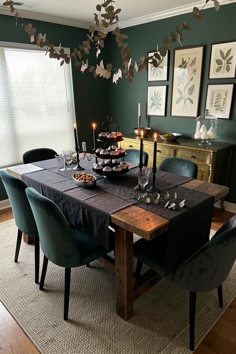 A wooden dining table with a dark runner, black candles, and a tiered stand of cupcakes in a green room.