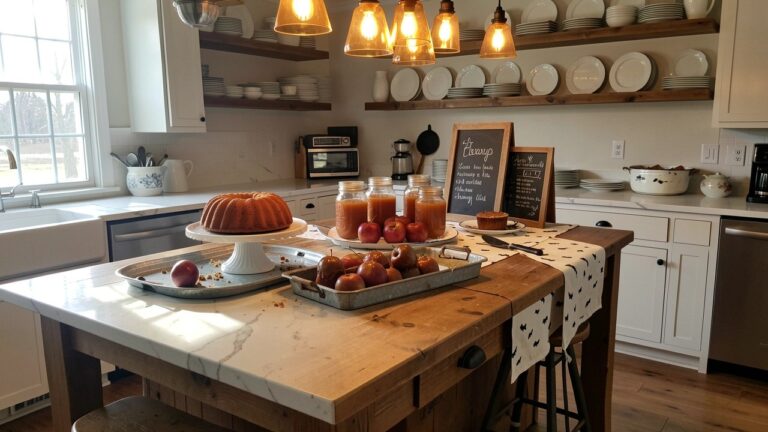 Marble kitchen island with Bundt cake, caramel apples, cider jars, and wooden shelves.