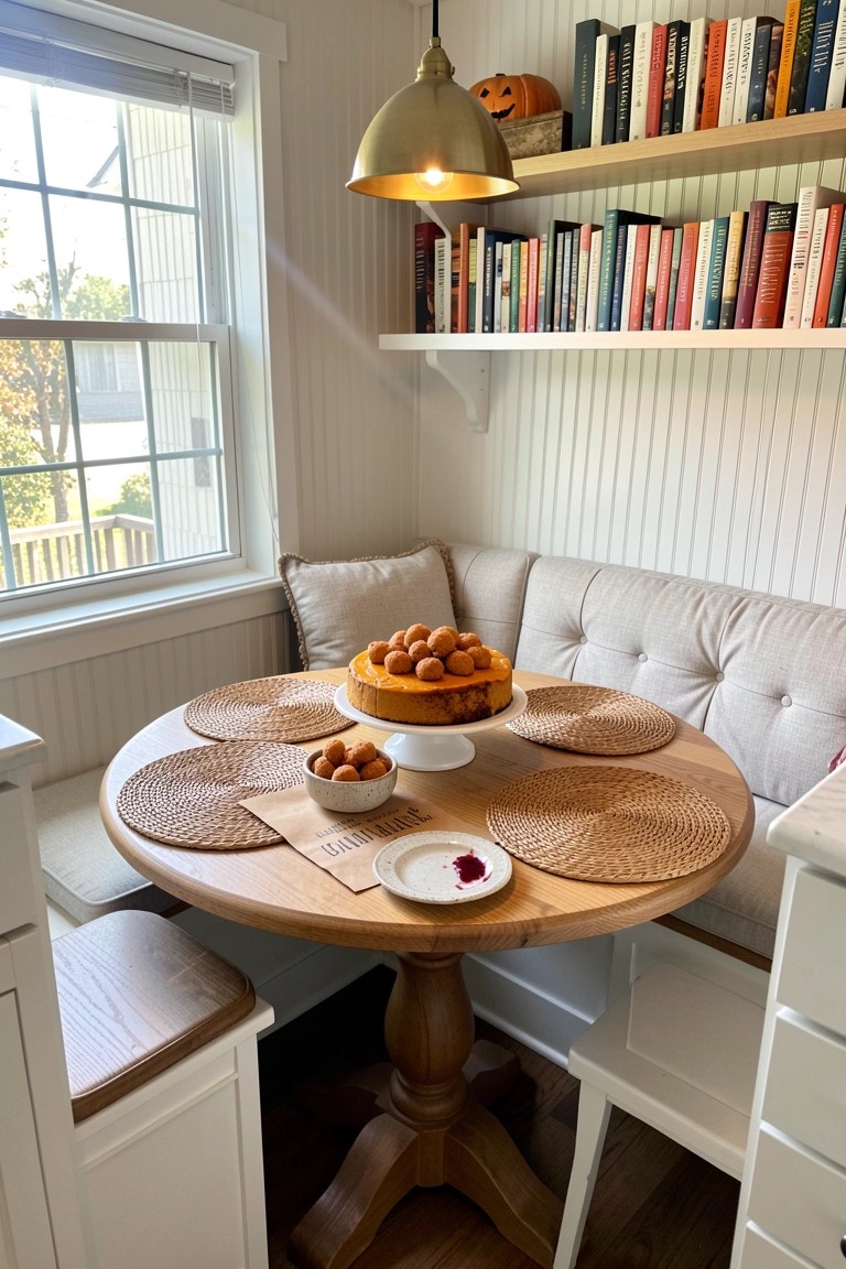 A round wooden table holding a pumpkin cheesecake and small bowls sits in a corner with banquette seating, woven placemats, and a wall of bookshelves above.
