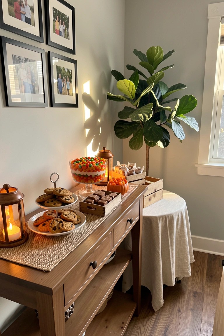 A wooden console table holds tiered plates of cookies, a glass bowl of candy corn, boxes of chocolates, and a lit lantern on a woven runner, with framed photos on the wall above and a large potted plant to the side.
