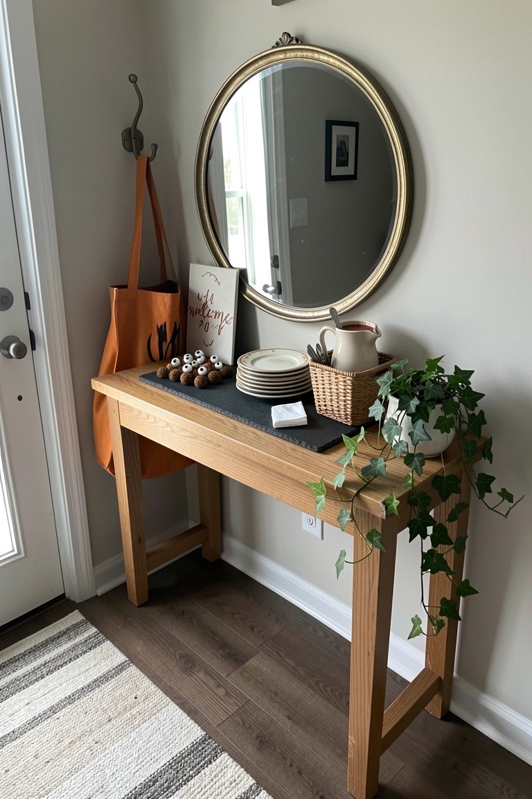 A light wood console table against a wall holds stacked plates, a basket with a pitcher, a welcome sign, small spider decorations, and a potted plant beside a round mirror.