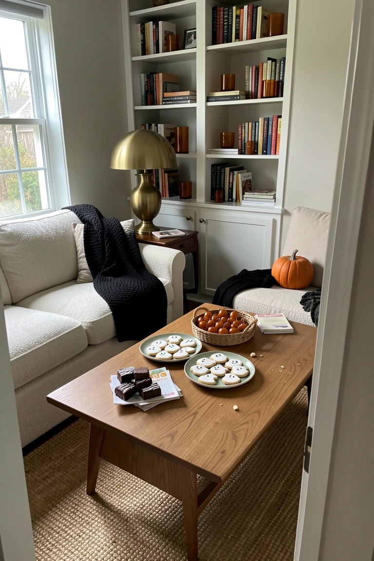 A living room scene with a wooden coffee table holding plates of ghost cookies, brownies, and a basket of small orange fruits, set in front of white sofas and white built-in bookshelves.