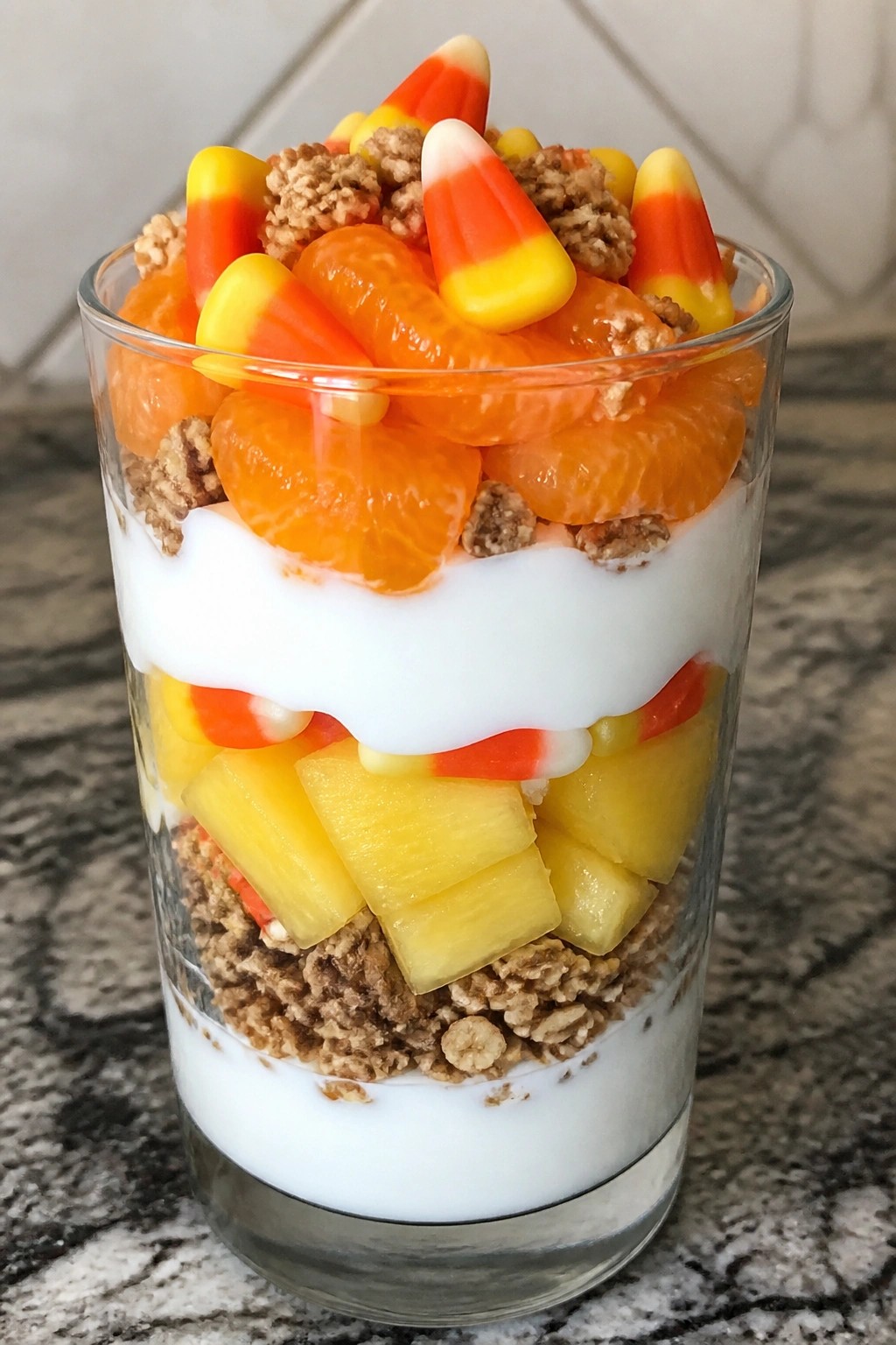 Candy Corn Layered Parfaits with Yogurt and Granola