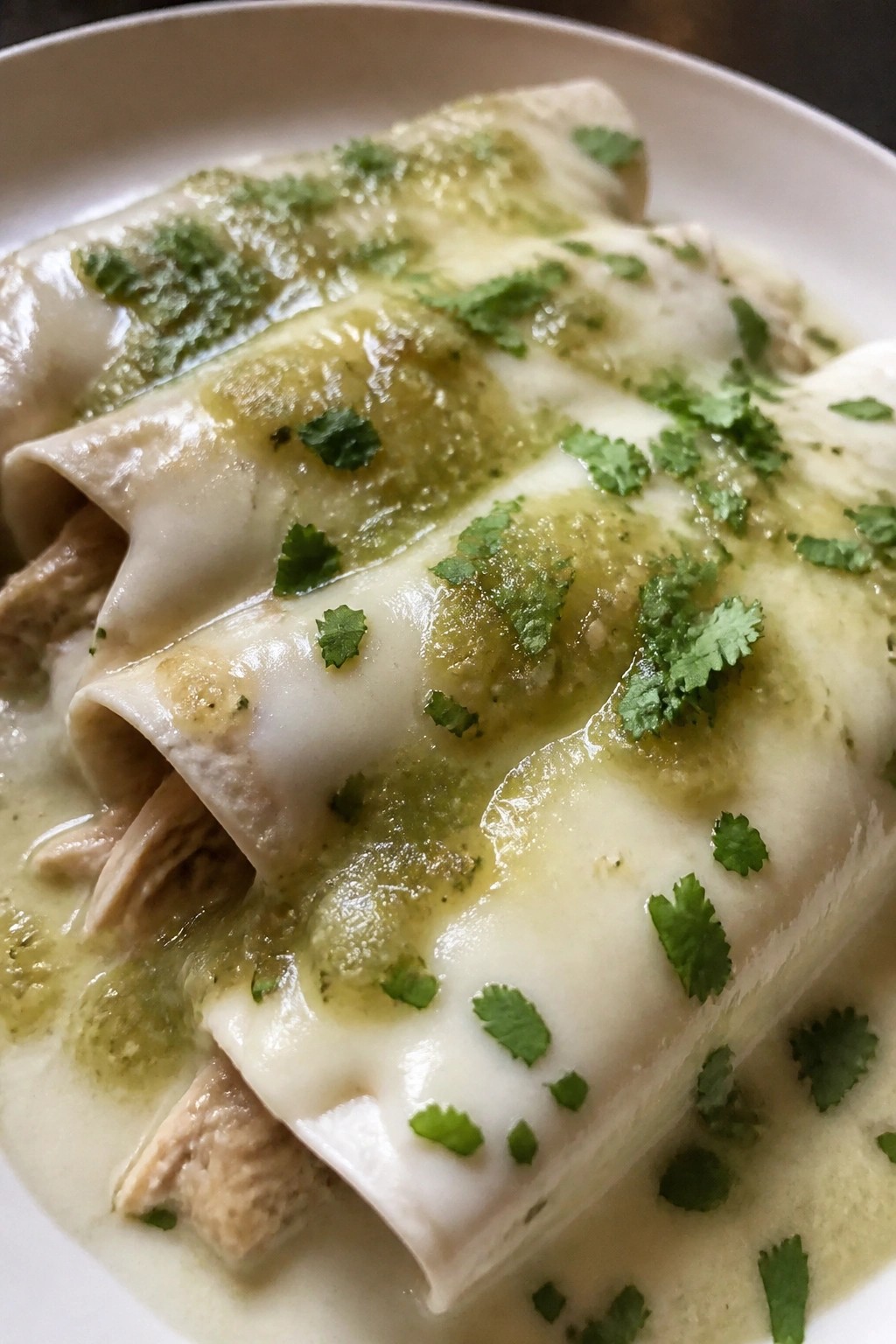 Ghostly White Chicken Enchiladas with Green Salsa