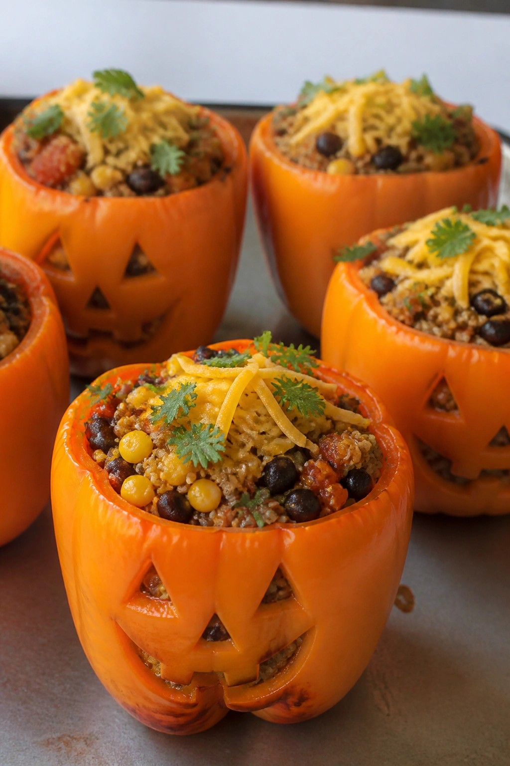 Jack-O'-Lantern Stuffed Bell Peppers with Quinoa and Black Beans