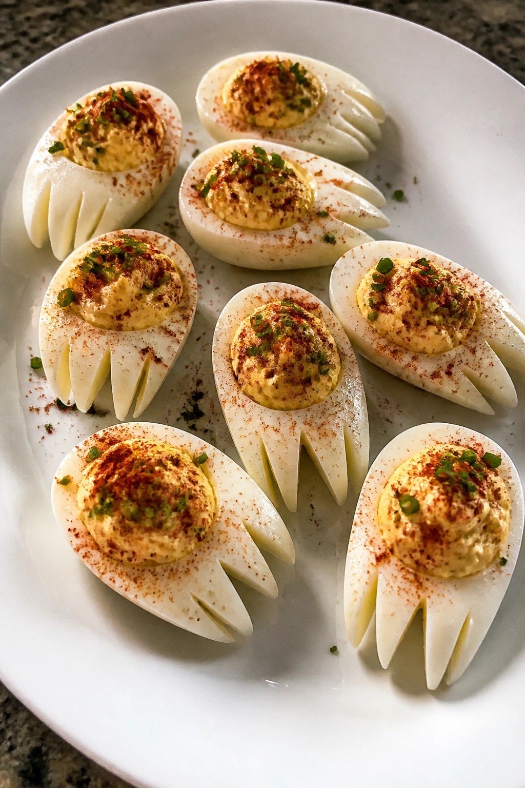 Monster Claw Deviled Eggs with Paprika and Chives