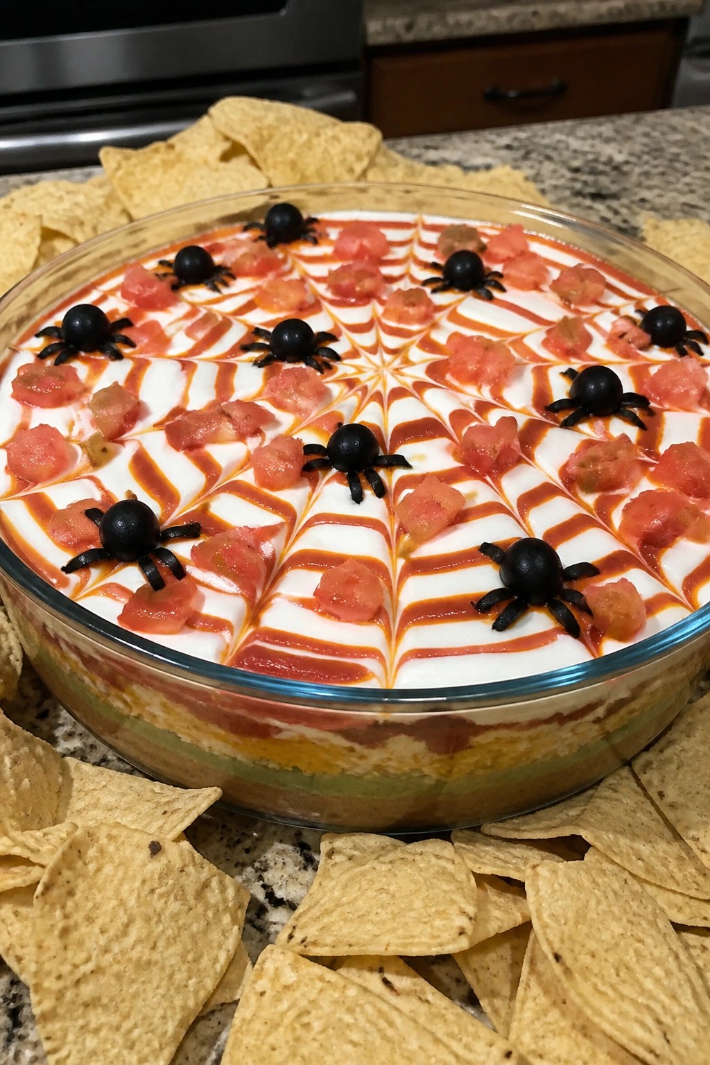 Spiderweb Seven-Layer Taco Dip with Tortilla Chips