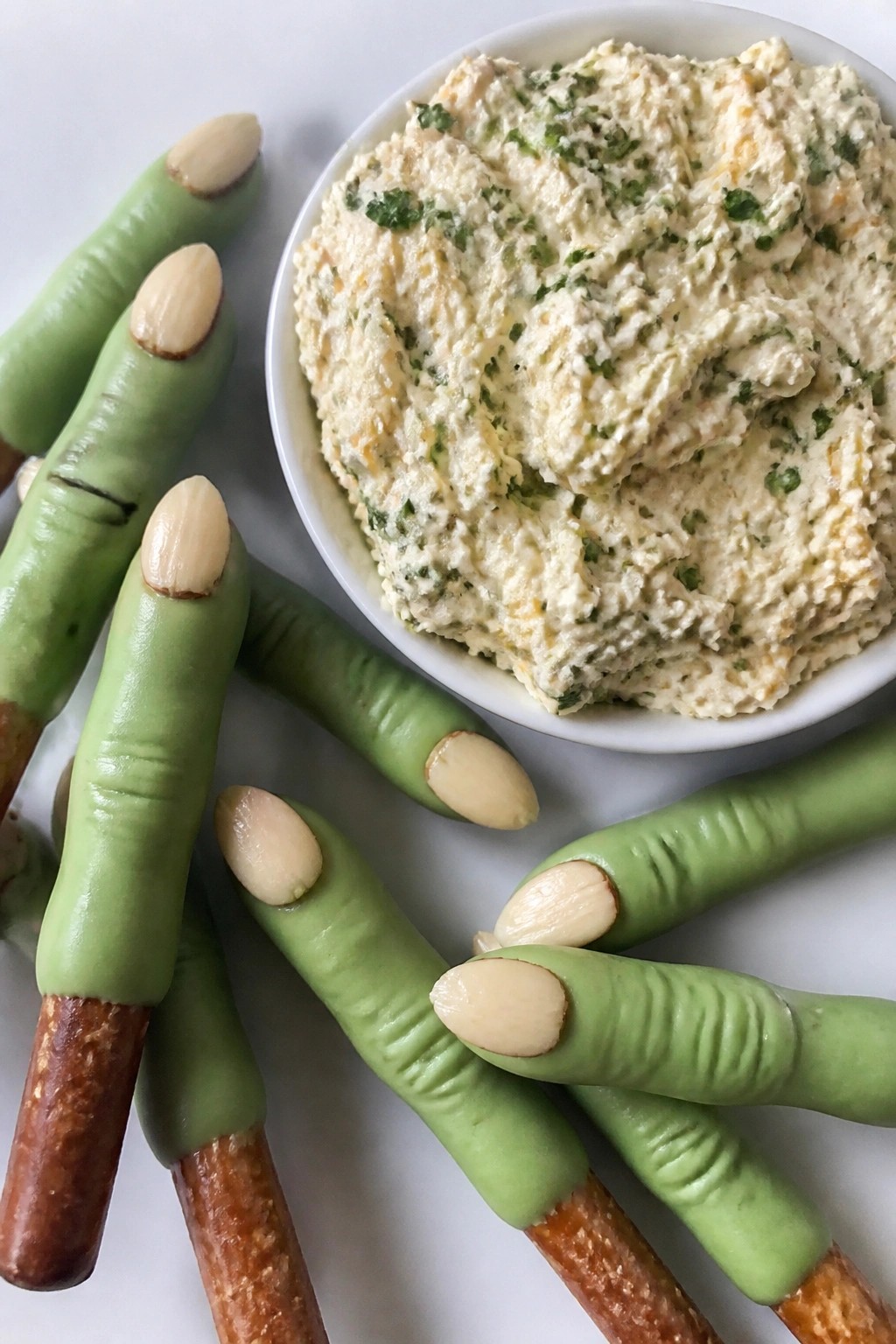 Witch Finger Pretzel Rods with Herbed Cheese Dip