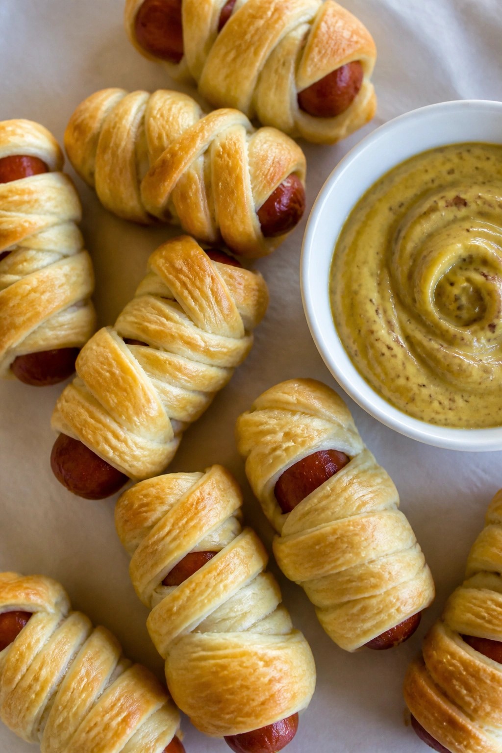 Mummy-Wrapped Sausage Bites with Mustard Dip