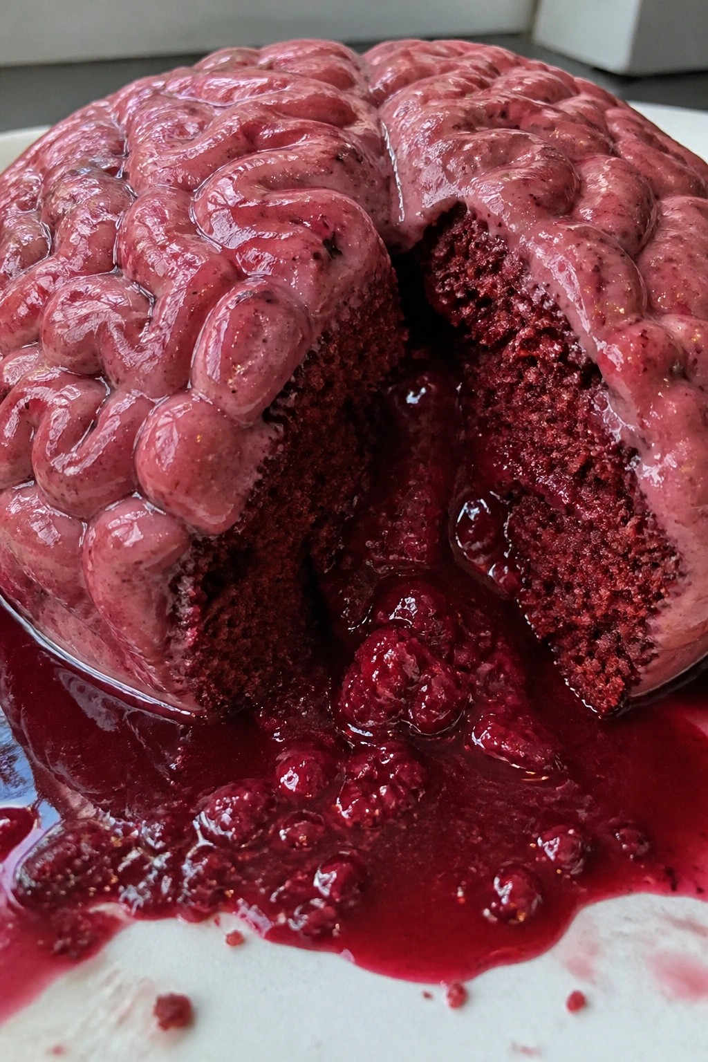 Decaying Zombie Brain Cake with Raspberry Ooze