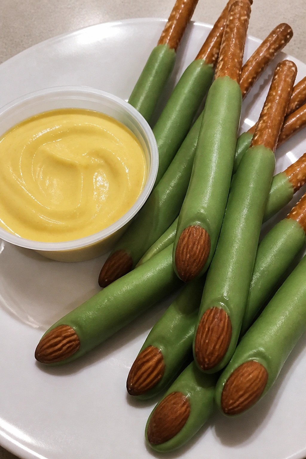 Witch Finger Pretzel Rods with Mustard Dip