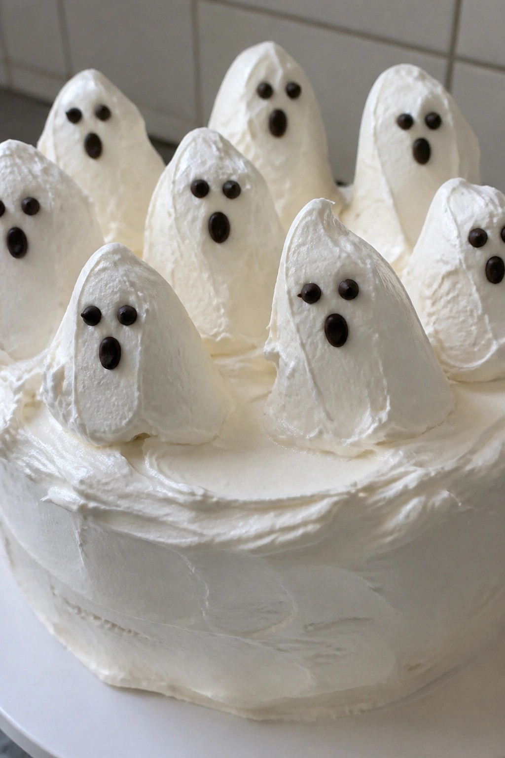 Adorable Ghost Vanilla Layer Cake with Marshmallow Frosting