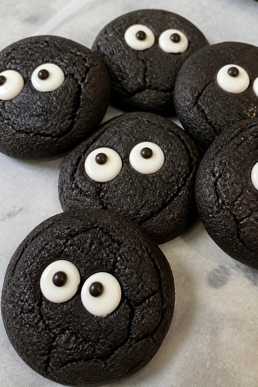 Black Cocoa Brownie Cookies with Glowing White Chocolate Eyes