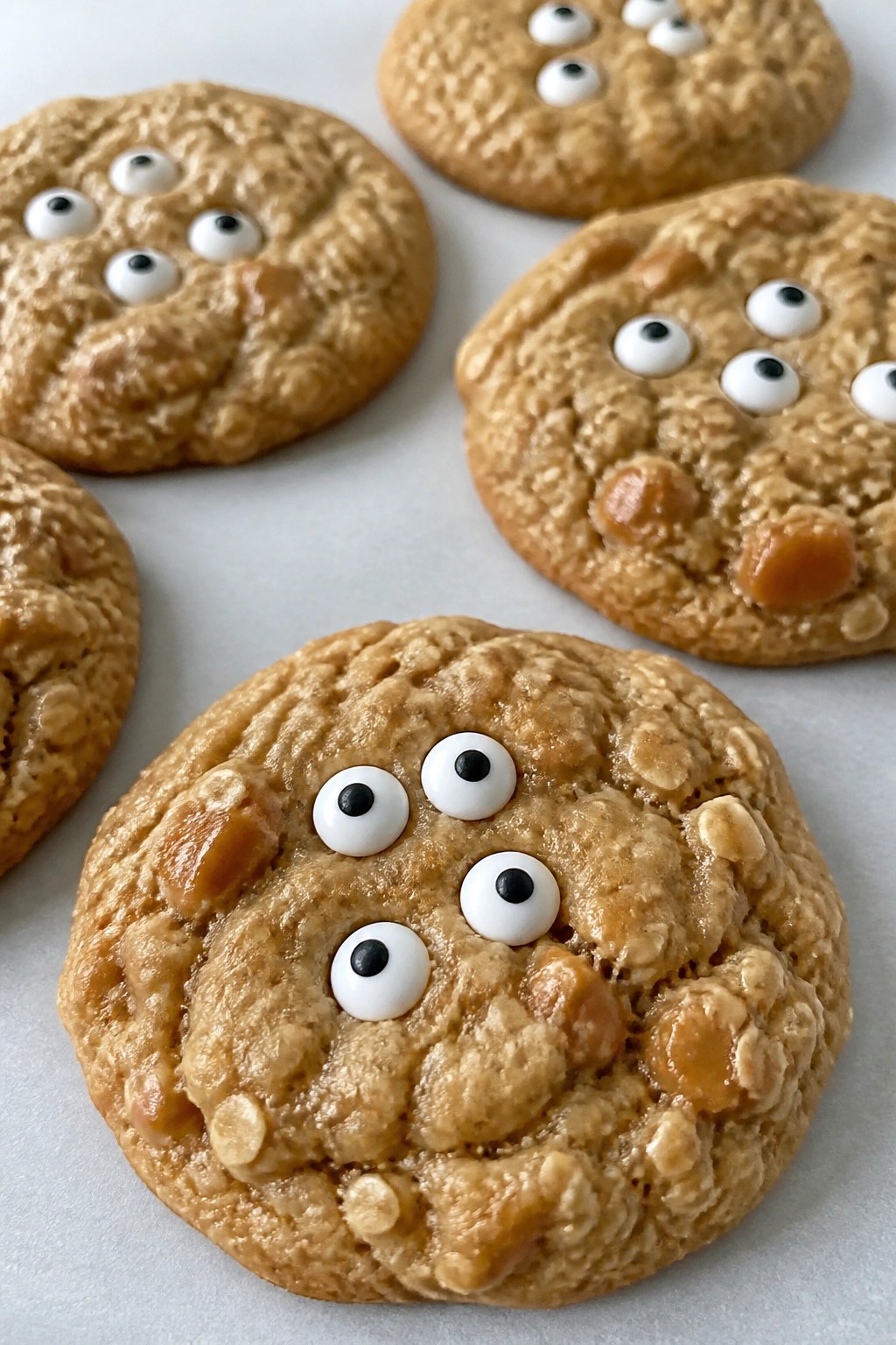Oatmeal Caramel Cookies Topped with Clustered Candy Eyes
