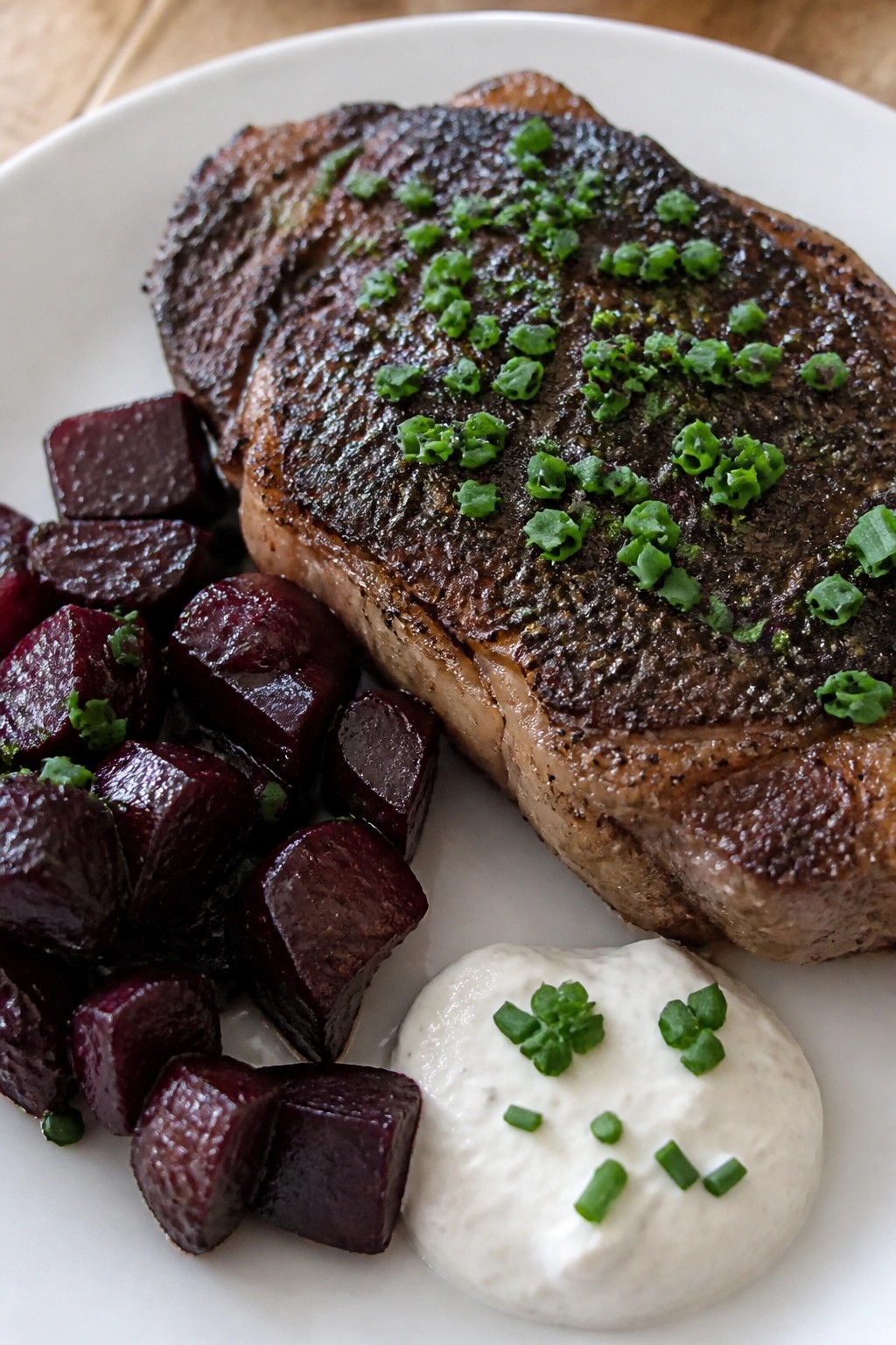 Black Garlic Ribeye with Roasted Beets and Horseradish Cream