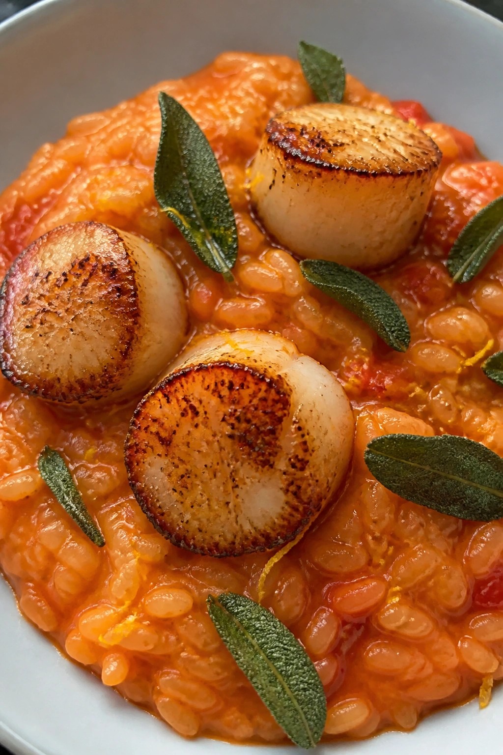 Seared Scallops with Blood Orange Risotto and Crispy Sage