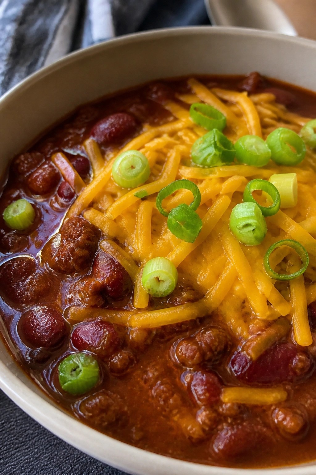 Smoky Ancho Beef Chili with Sharp Cheddar and Scallions