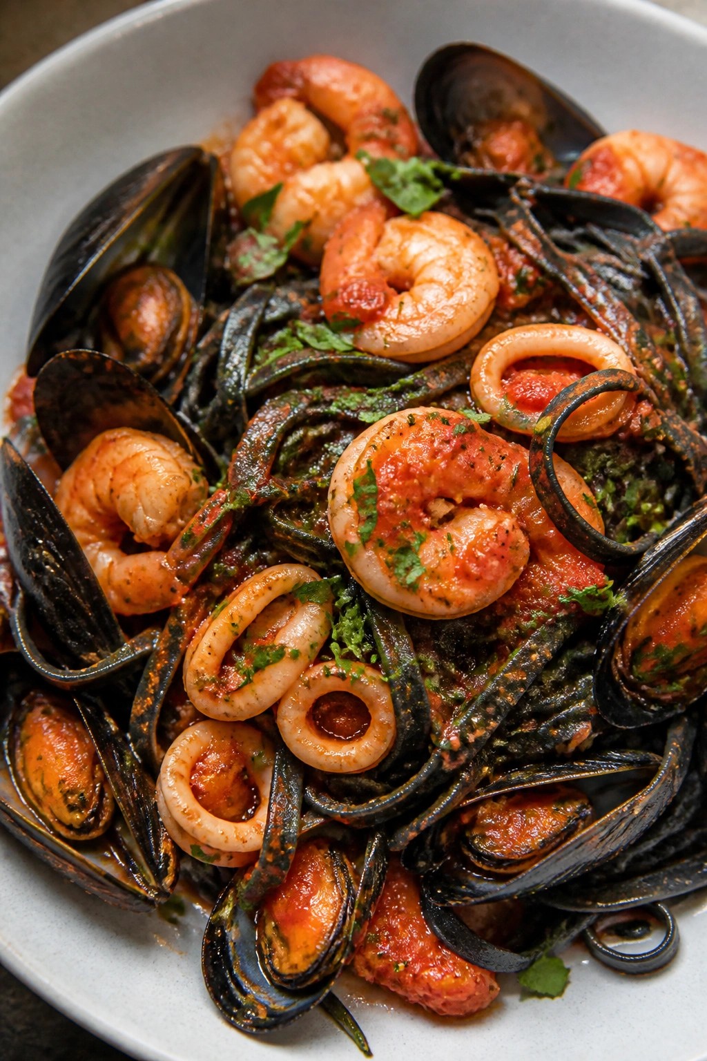 Squid Ink Seafood Linguine with Spicy Tomato Sauce