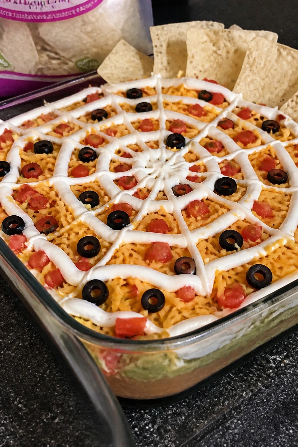 Spiderweb Seven-Layer Dip with Tortilla Chips