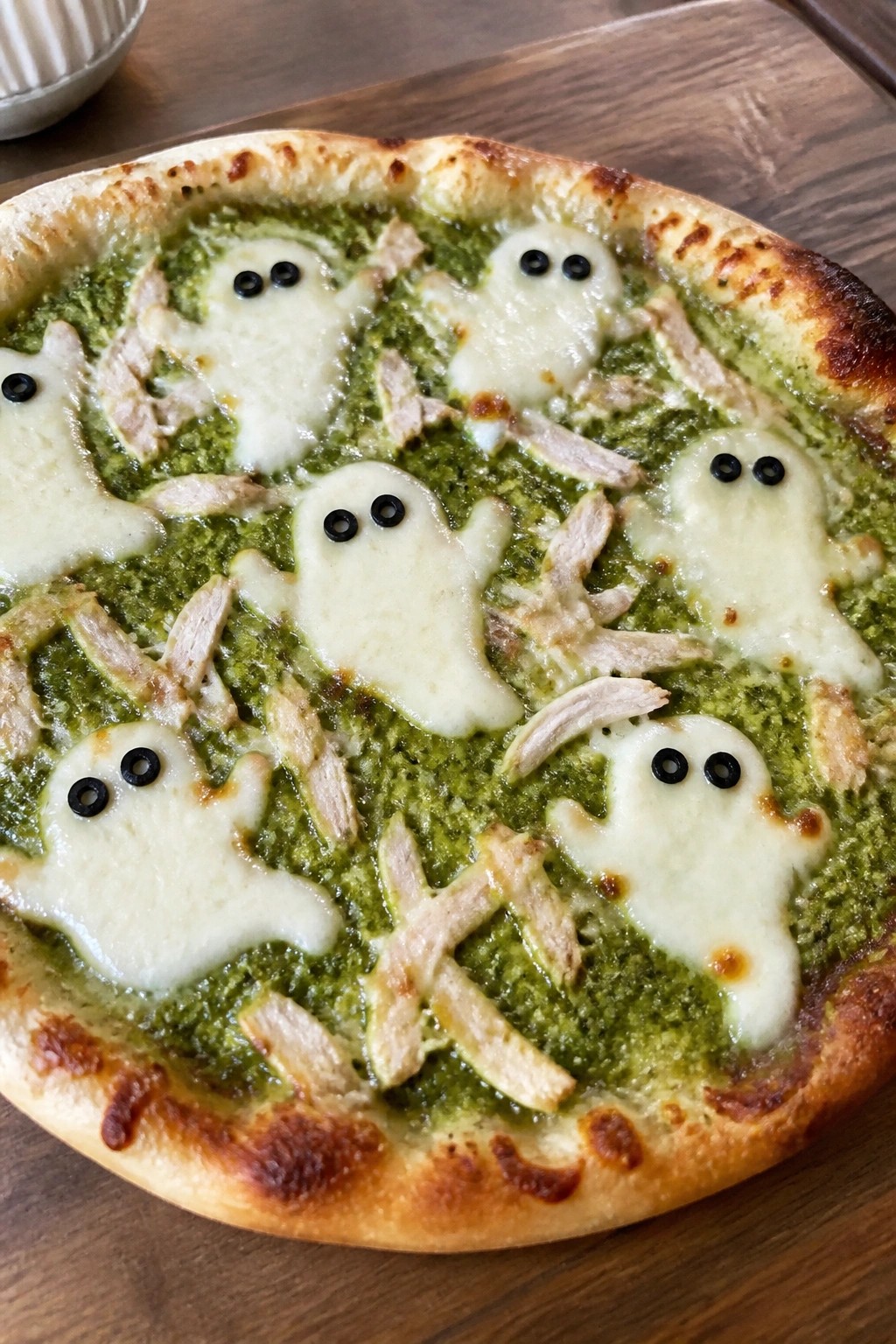Ghostly Pesto Chicken Pizza