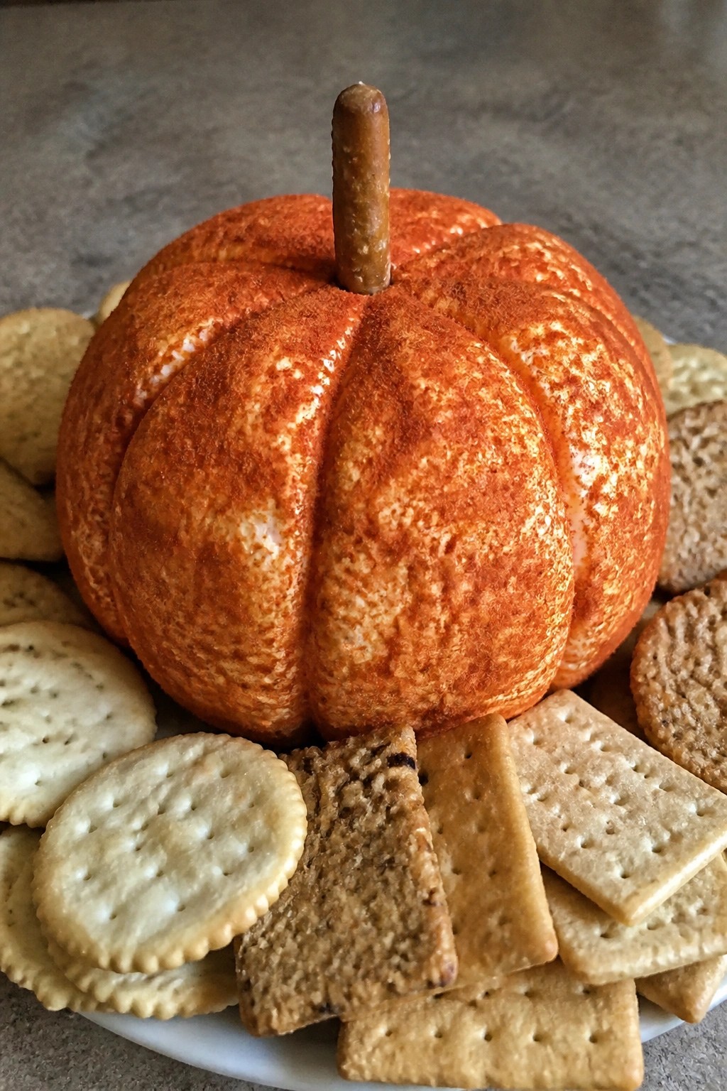 Pumpkin-Shaped Cheese Ball with Crackers