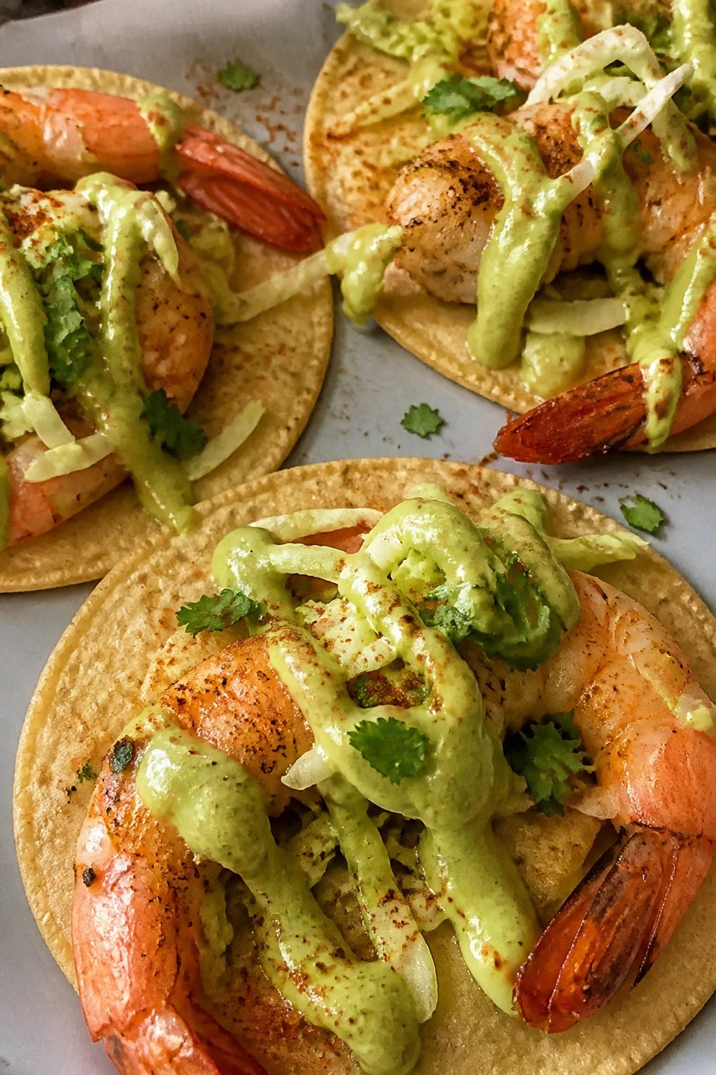 Creepy Crawler Shrimp Tacos with Green Slime Avocado Crema