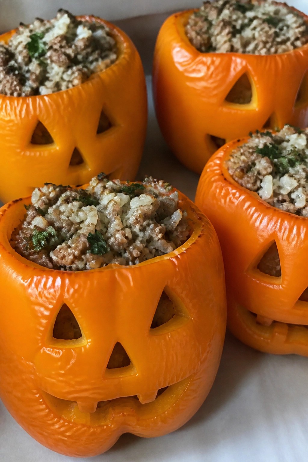 Jack-o'-Lantern Turkey Stuffed Peppers with Cilantro Rice