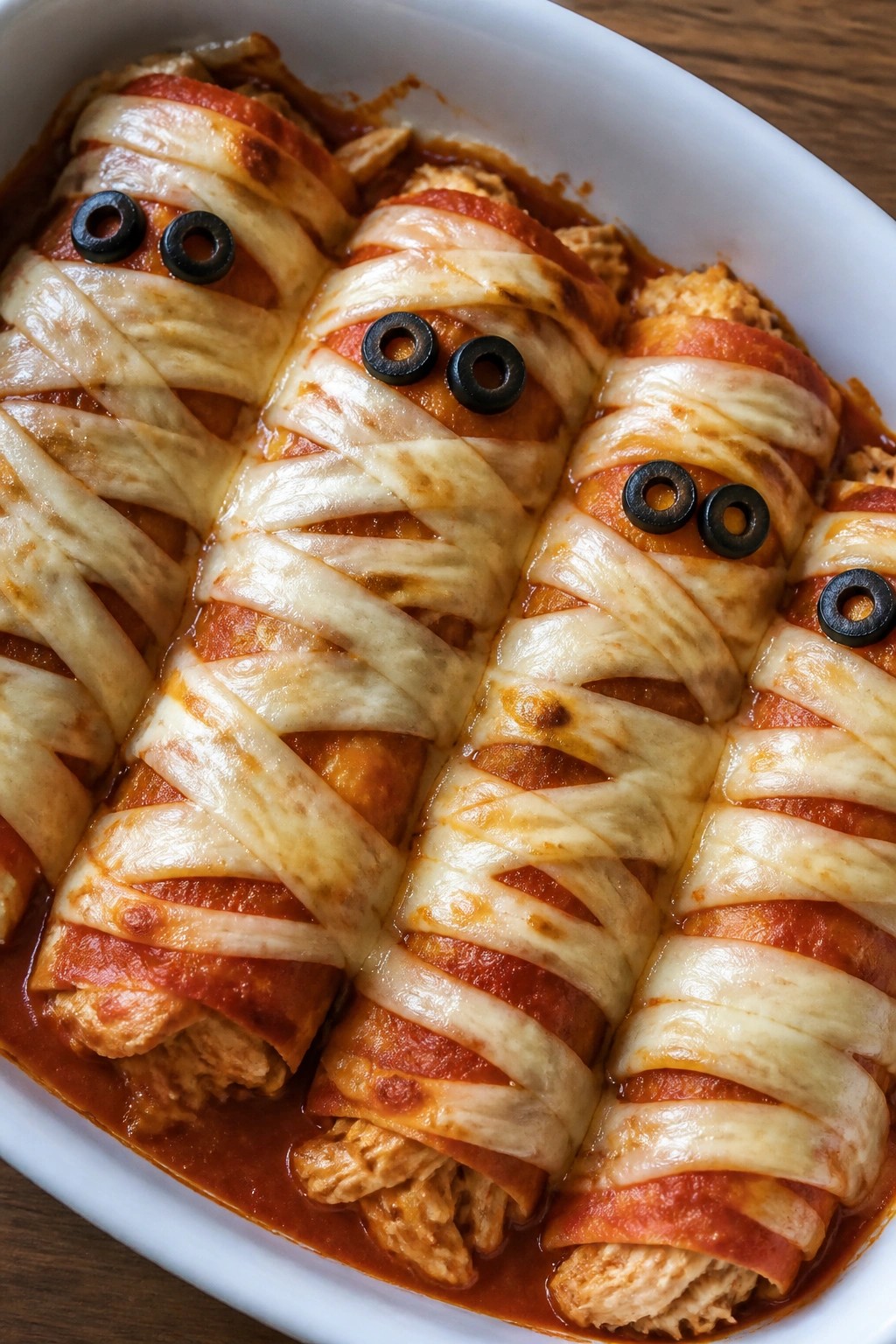 Spooky Mummy-Wrapped Chicken Enchiladas with Red Sauce