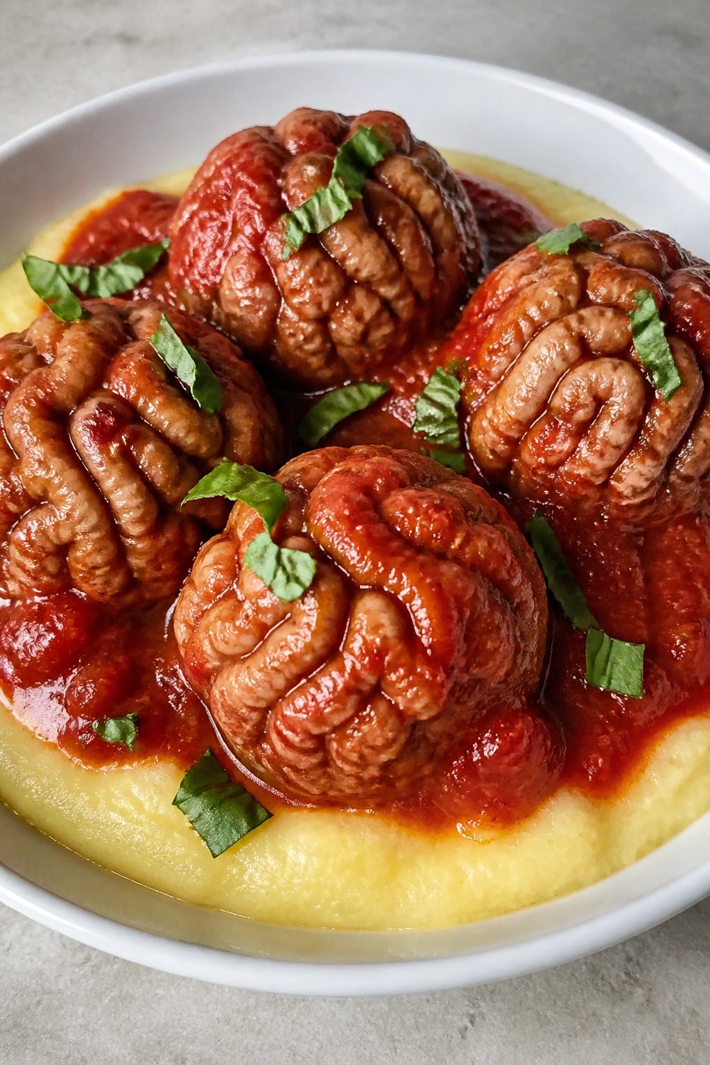 Zombie Brain Beef Meatballs over Creamy Polenta