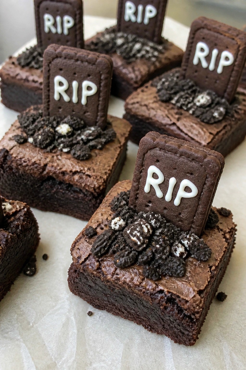 Graveyard Brownie Bites with Cookie Tombstones
