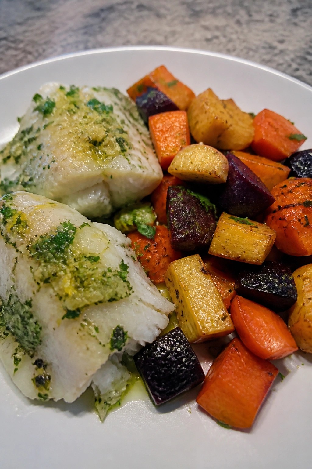 Baked Cod with Roasted Root Vegetables and Lemon-Herb Sauce