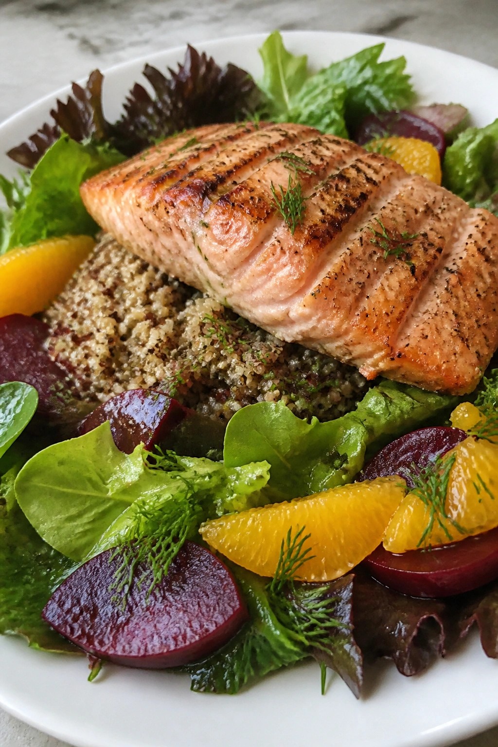 Grilled Salmon with Beet-Orange Salad and Quinoa
