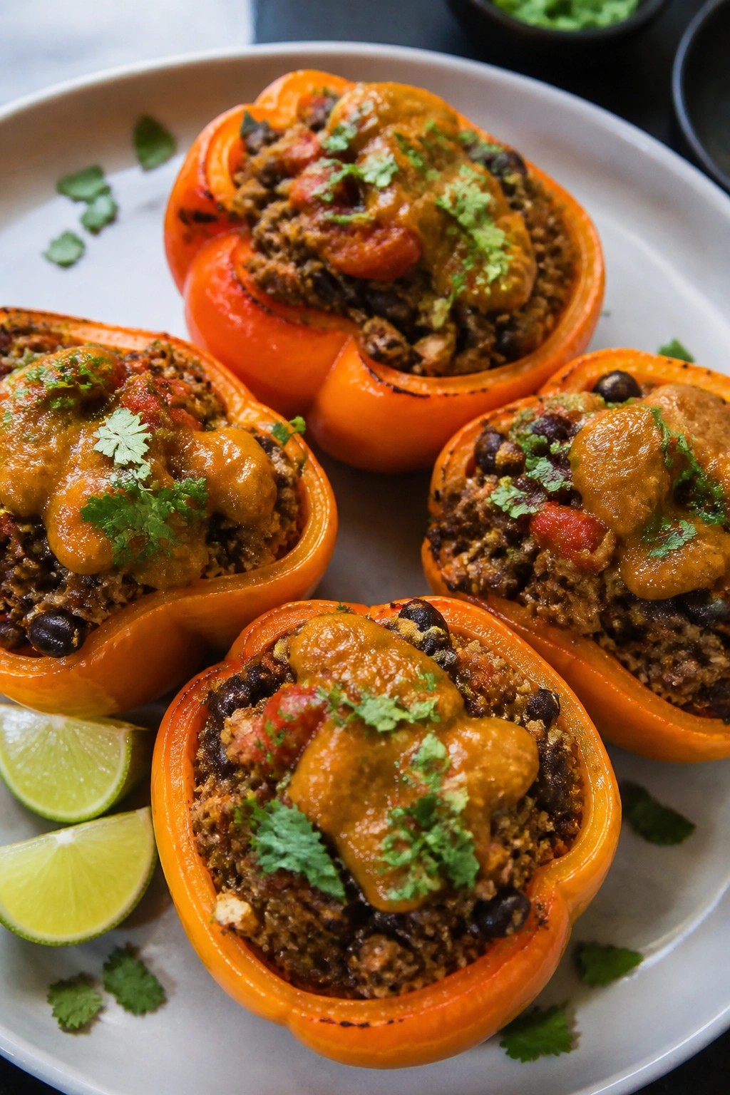 Lean Beef and Black Bean Stuffed Peppers with Pumpkin Salsa