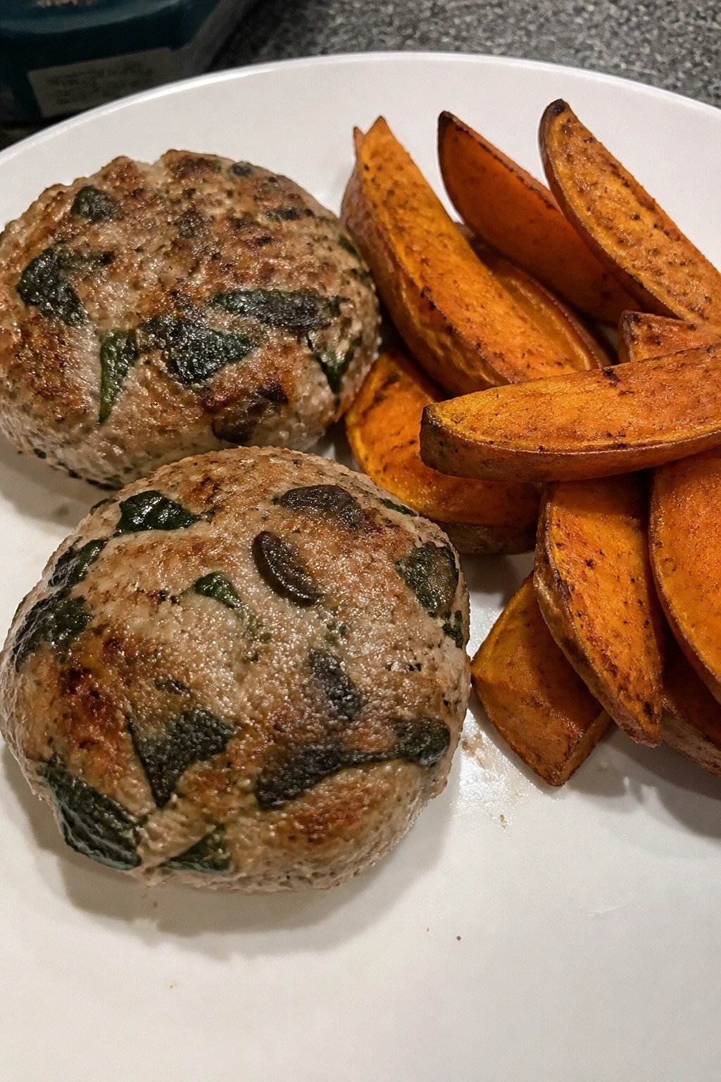 Mushroom and Spinach Turkey Burgers with Sweet Potato Wedges