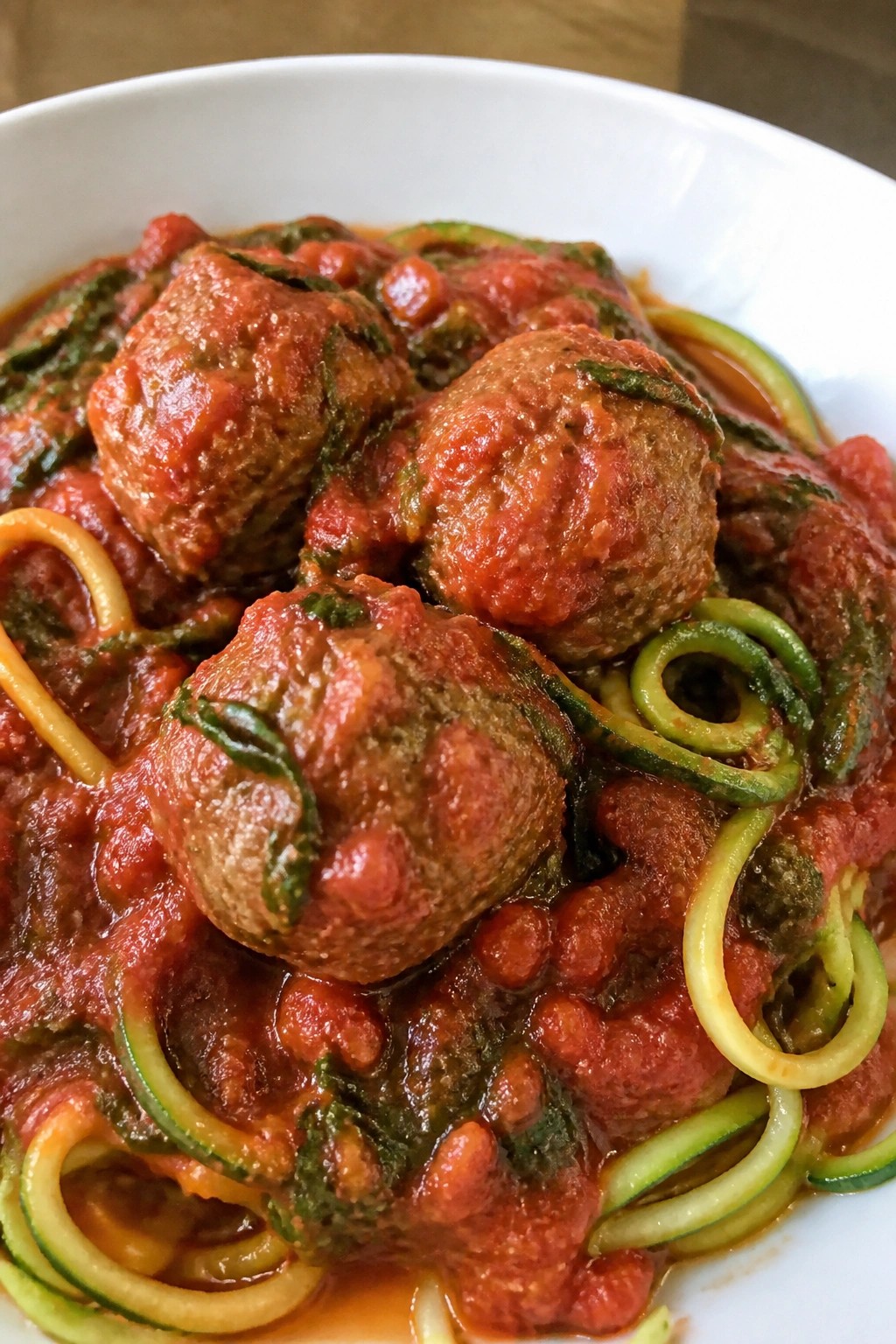 Turkey Meatballs over Zucchini Noodles with Spinach Marinara