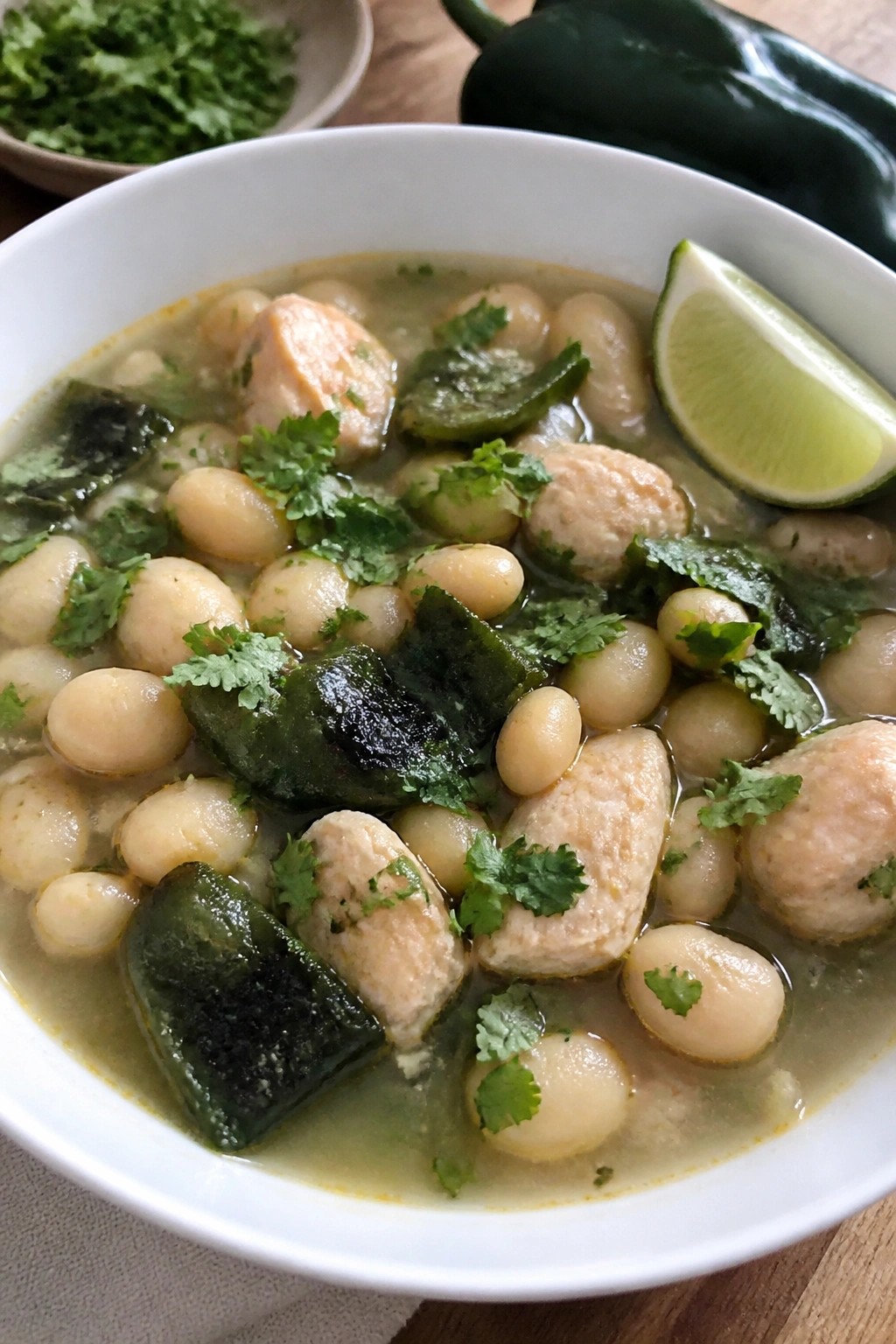 White Bean Chicken Stew with Roasted Poblano Peppers