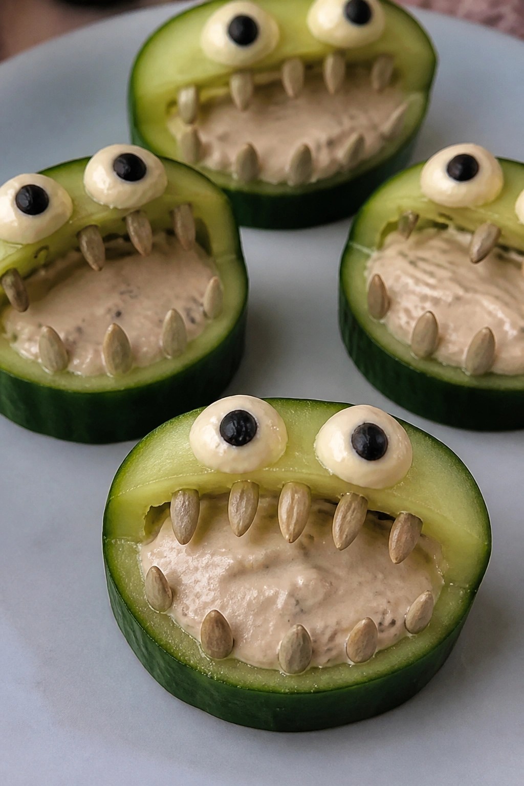 Cucumber Monster Mouths Filled with Sunflower Seed Spread
