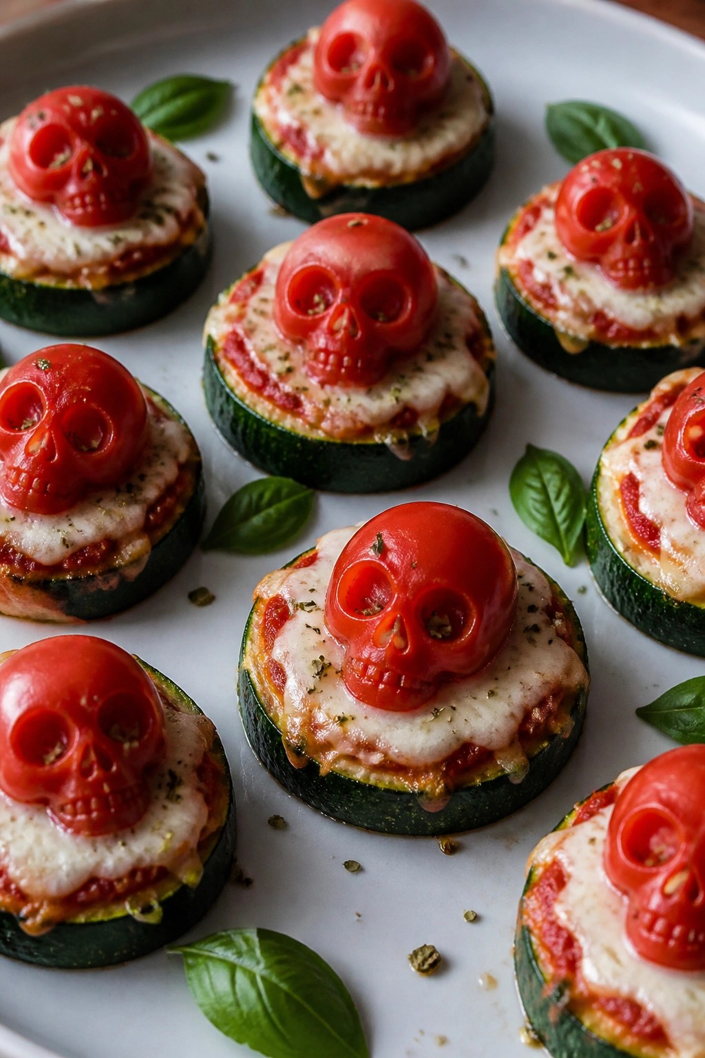 Mini Zucchini Pizza Bites Topped with Tomato Skulls