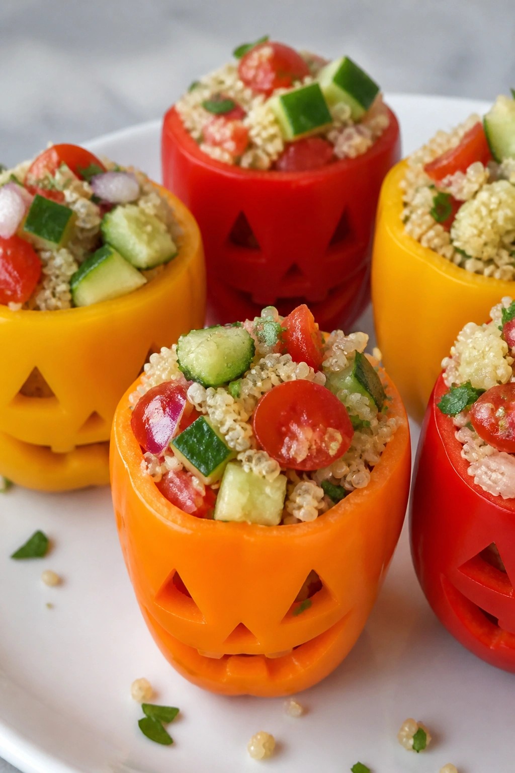 Stuffed Mini Bell Pepper Jack-o'-Lanterns with Quinoa Salad