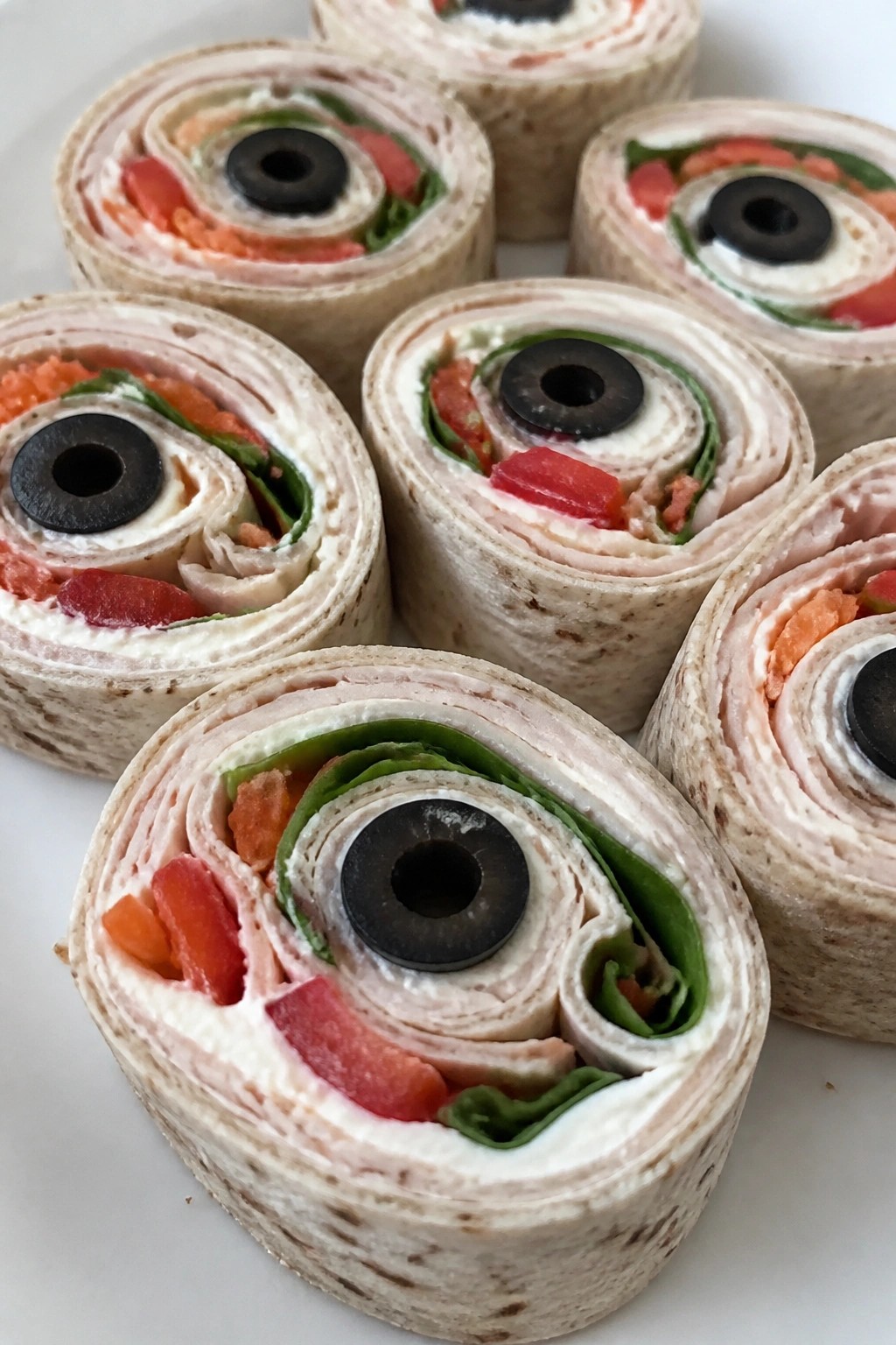 Turkey and Veggie Pinwheel Eyeballs on Whole Grain Wraps