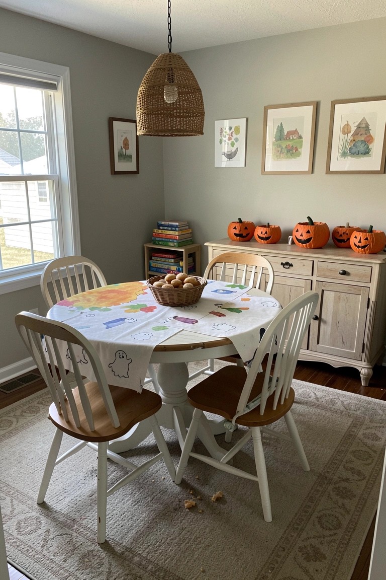 Round table with ghost tablecloth and pumpkin basket in Halloween-decorated dining room