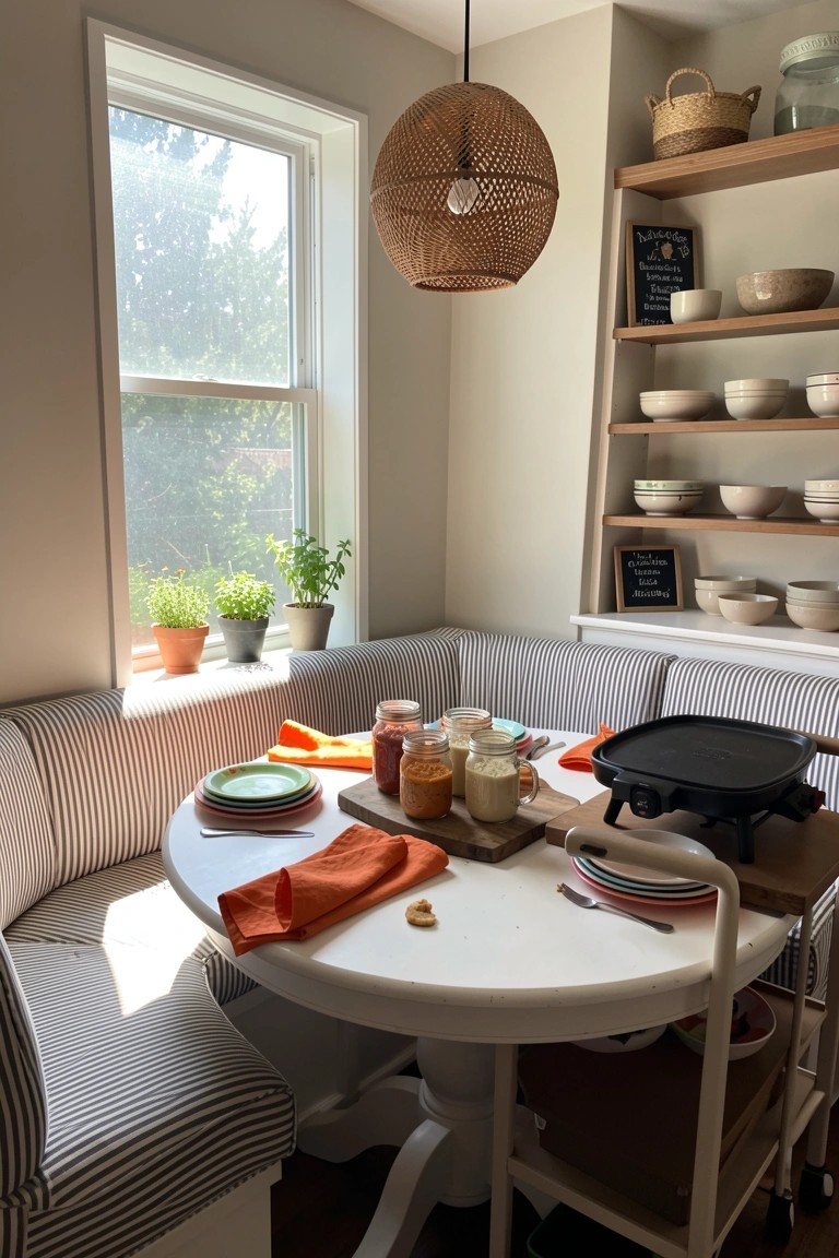 A round white table surrounded by striped banquette seating in a corner, with open wooden shelves holding dishes above and a window with potted plants to the left.