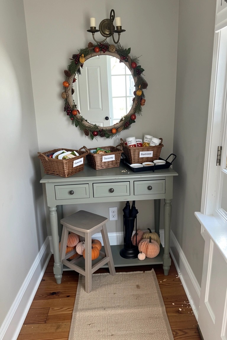 Gray console table with fall wreath mirror, labeled baskets, stool, and pumpkins.