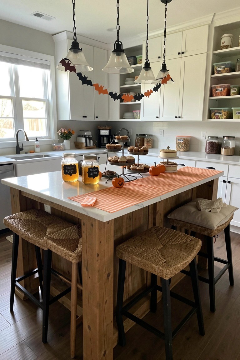 A kitchen island with an orange checkered runner, tiered stands of cupcakes, small pumpkins, and woven bar stools in a bright white kitchen.