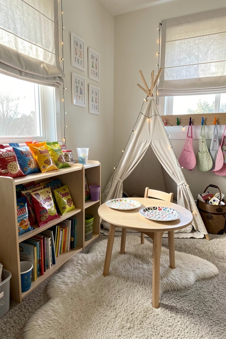 A children's play corner with wooden open shelves holding snack bags and books, a round wooden table with two polka dot plates on a white fluffy rug, a beige teepee tent, and string lights on the walls.