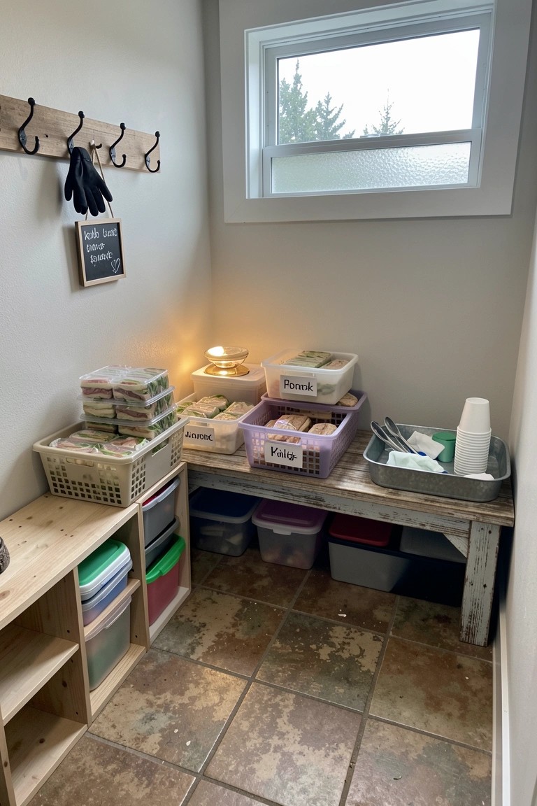 A compact interior room with a wooden bench holding labeled plastic baskets of sandwiches, storage shelves below, wall hooks with gloves, and a window above.